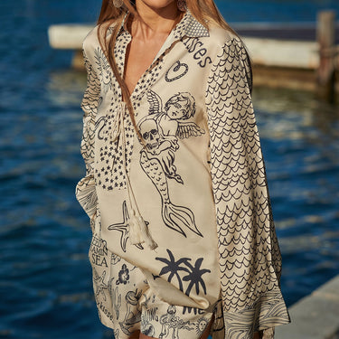 Ocean Print Shorts Collared Tie Neck Vacation Oversized Blouse Set