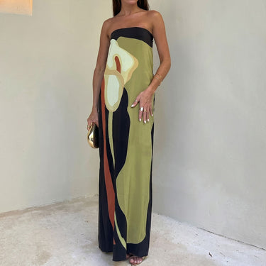 Abstract Floral Print Column Back Slit Vacation Strapless Maxi Dress