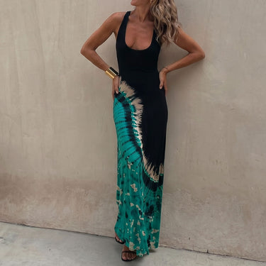 Abstract Tie Dye Scoop Neck Strappy Back Vacation Maxi Sun Dress