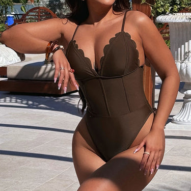 Athletic Scalloped Trim Triangle Cami Cheeky Swimsuit - One Piece