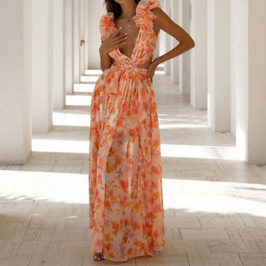 Bloom Flower Deep V Cutout Ruffle Split Vacation Floral Maxi Dress