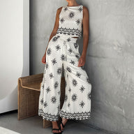Boho Floral Print Tank Top Vacation High Waist Wide Leg Pant Set