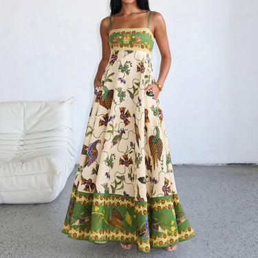 Botanical Print Square Neck Pocket Trim Vacation Midi Sun Dress