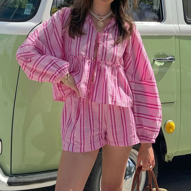 Cute Stripe Tie Front Peplum Blouse Vacation Wide Leg Short Set