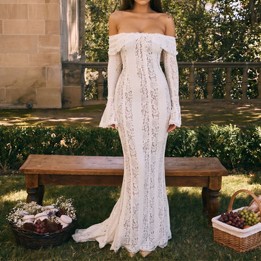 Delicate Off Shoulder Flare Sleeve Vacation Fishtail Lace Maxi Dress