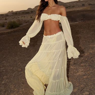 Ethereal Off Shoulder Ruffle Bra Top Maxi Vacation Tiered Chiffon Skirt Set