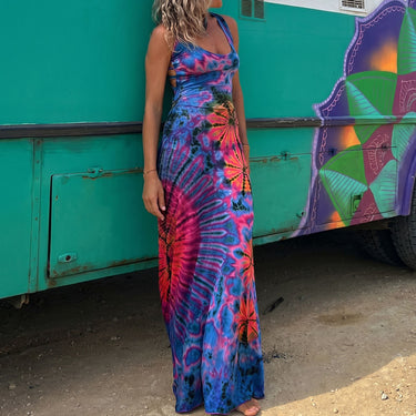 Floral Tie Dye Scoop Neck Strappy Back Vacation Maxi Sun Dress