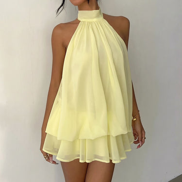 High Neck Halter Tie Sleeveless Chiffon Vacation Tiered Mini Dress