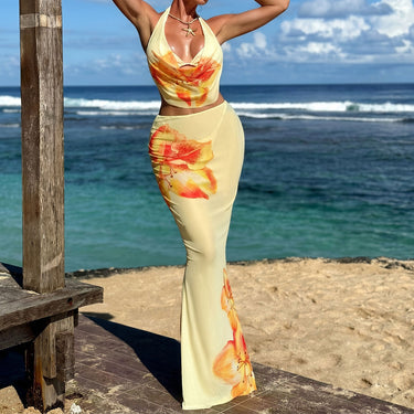 Orchid Floral Skirt Cowl Neck Halter String Bikini Set - Three Piece