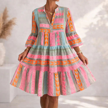 Patchwork Mock Neck Bell Sleeve A Line Tiered Vacation Mini Dress