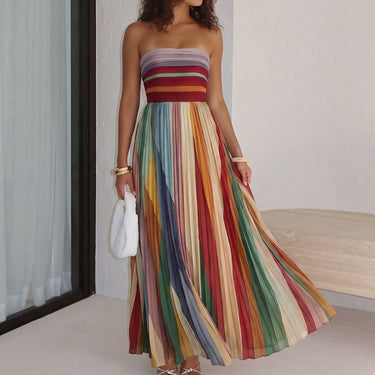 Rainbow Panel Pleated Smocked Bodice Vacation Strapless Maxi Dress