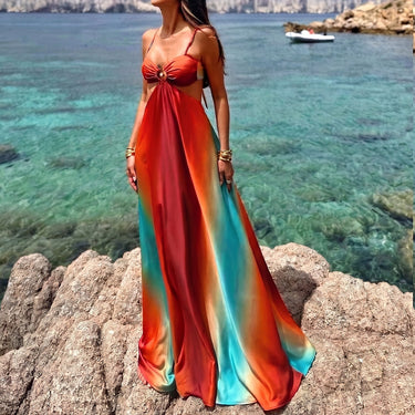 Rainbow Print Swirl Ring Cutout Tie Back Vacation Slip Maxi Dress