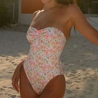 Retro Printed Bandeau Cheeky Scrunch Brazilian Swimsuit - One Piece