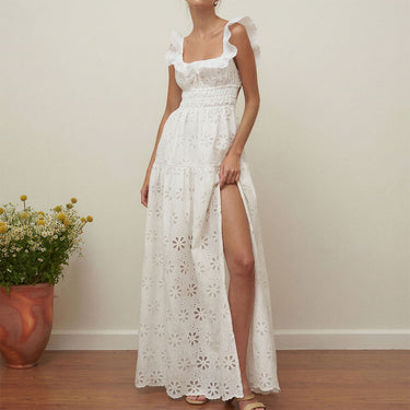 Ruffle Square Neck Smocked Cutout Split Vacation Eyelet Maxi Dress