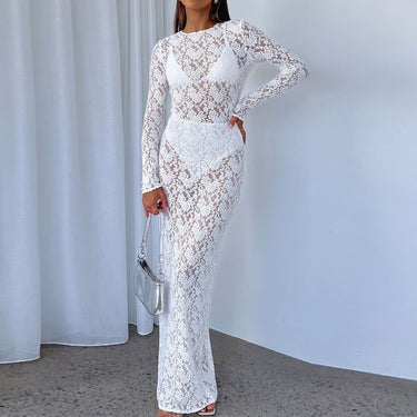 Sexy Crew Neck Long Sleeve Sheer Floral Lace Vacation Maxi Dress