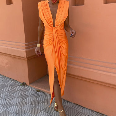 Silky Satin Deep V Draped Ruched Vacation Sleeveless Midi Dress