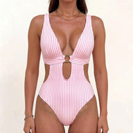 Sparkly O Ring Plunge Cutout Striped Monokini Swimsuit - One Piece