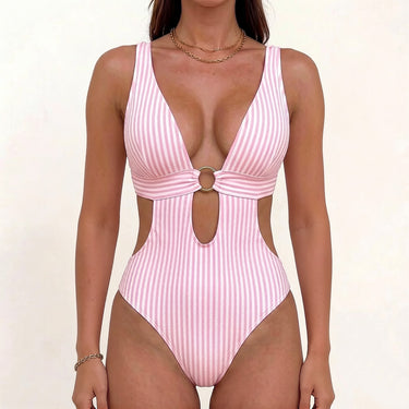 Sparkly O Ring Plunge Cutout Striped Monokini Swimsuit - One Piece