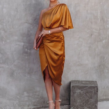 Sparkly Satin Draped One Shoulder Pleated Waist Vacation Midi Dress