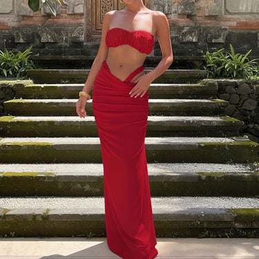 Split Skirt Scrunch High Cut Ruched Bandeau Bikini Set - Three Piece