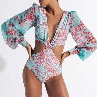 Tropical Deep V Puff Sleeve Cutout Monokini Swimsuit - One Piece