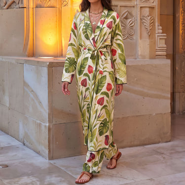 Tropical Floral Leaf Long Sleeve Wrap Robe Bikini Swim Cover Up