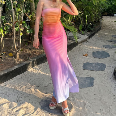 Tropical Graduated Color Split Cutout Vacation Strapless Maxi Dress