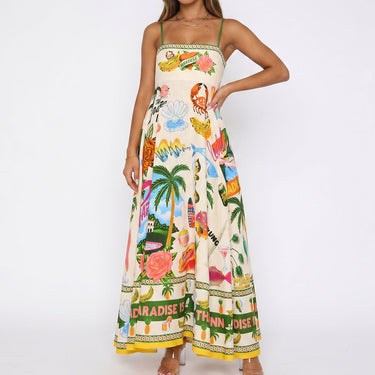 Tropical Postcard Square Neck Pocket Trim Vacation Midi Sun Dress