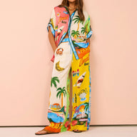 Tropical Print Short Sleeve Shirt Vacation High Waist Pant Set