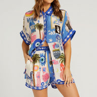 Tropical Print Short Sleeve Shirt Vacation High Waist Short Set