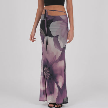 Tropical Watercolor Floral Print Waist Tie Vacation Mesh Midi Skirt