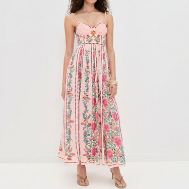 Vacation Floral Print Sweetheart Smocked Pleated Slip Maxi Dress