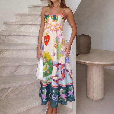 Vacation Print Square Neck Pocket Trim Smocked Slip Maxi Dress