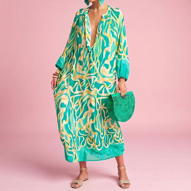 Vibrant Print Button V Neck Sleeved Vacation Kaftan Maxi Dress