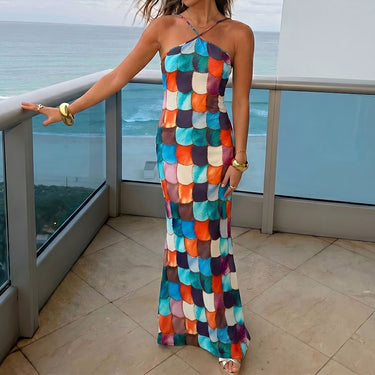 Vibrant Scale Print High Neck Vacation Fishtail Maxi Dress
