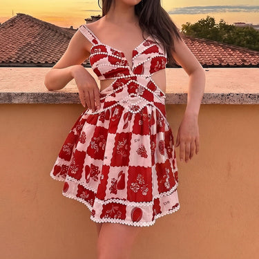 Vintage Patchwork Print Dotted Trim Cutout Vacation Mini Sundress