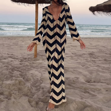 Zigzag Plunge Tie Front Bell Sleeve Vacation Crochet Knit Maxi Dress